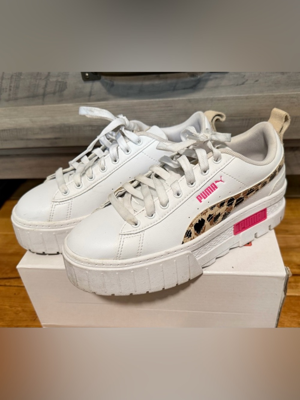 PUMA White Platform Sneaker with Pink Logo and Leopard Accent